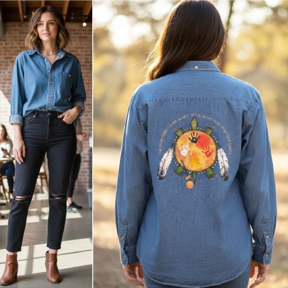 VTG 80s RARE LA‎ LOVING Native American Graphic Denim Shirt Small